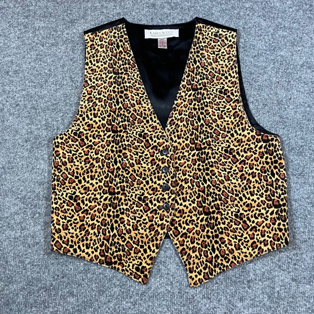 Vintage Karen Scott Vest Womens Small Leopard Print Cotton Button Adjustable